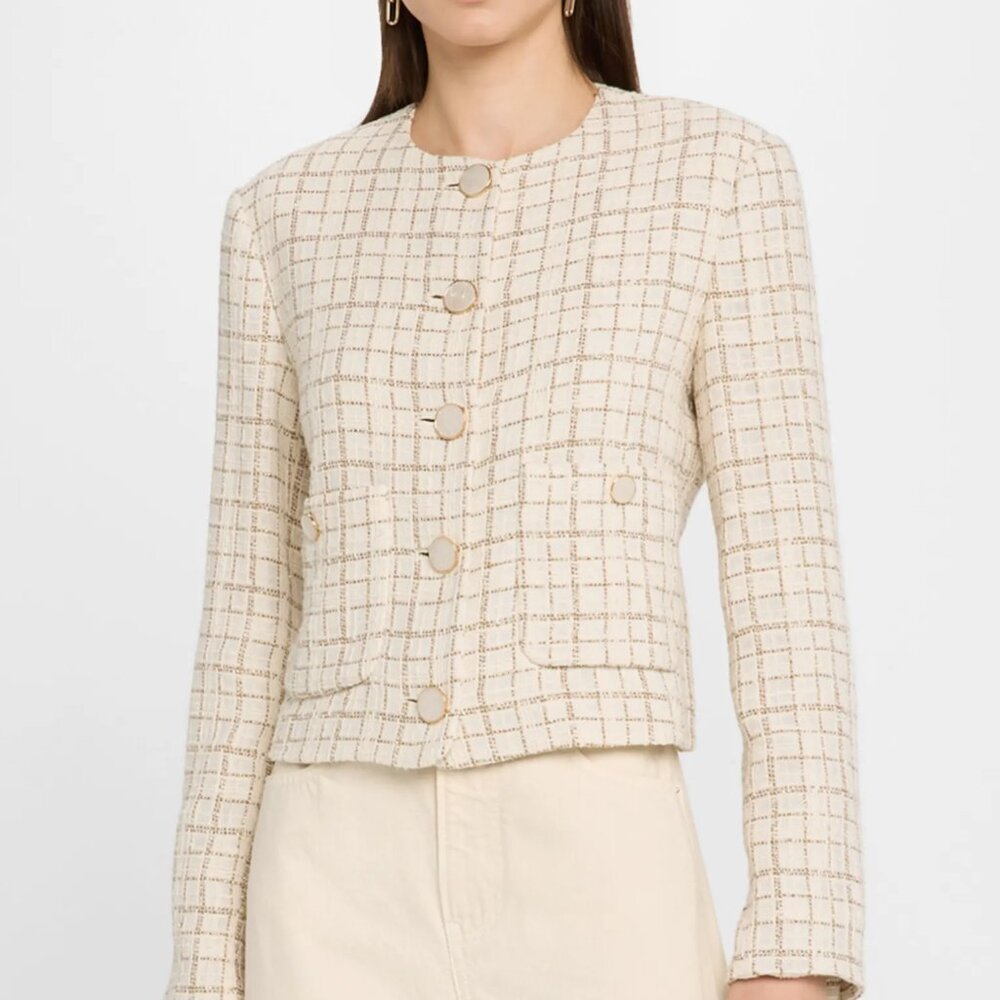 Veronica Beard Andrea Tweed Jacket Beige Gold Pearl Buttons Size 10 New Tag $698